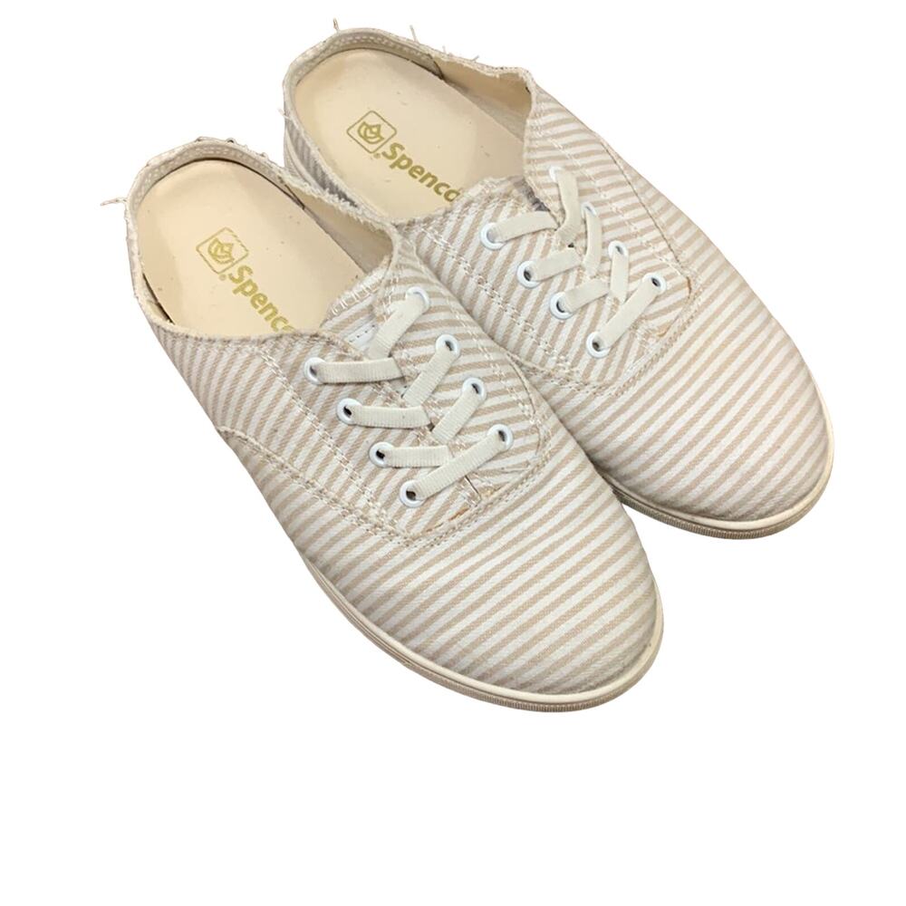 Spenco Striped Tan/White Slip-on Tennis Shoes